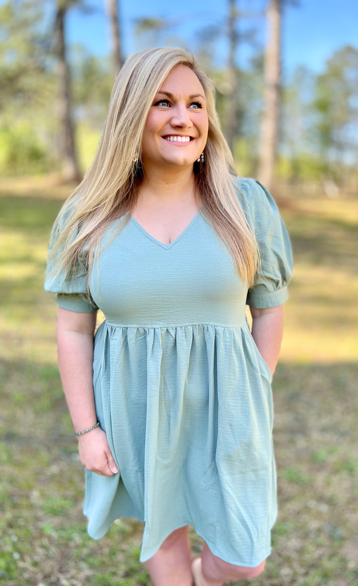 Sage Puff Sleeve Dress