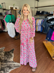Hillary Hot Pink 3/4 Sleeve Maxi Dress