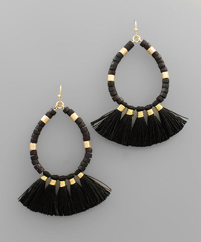 Wood Bead Teardrop & Tassel Earrings