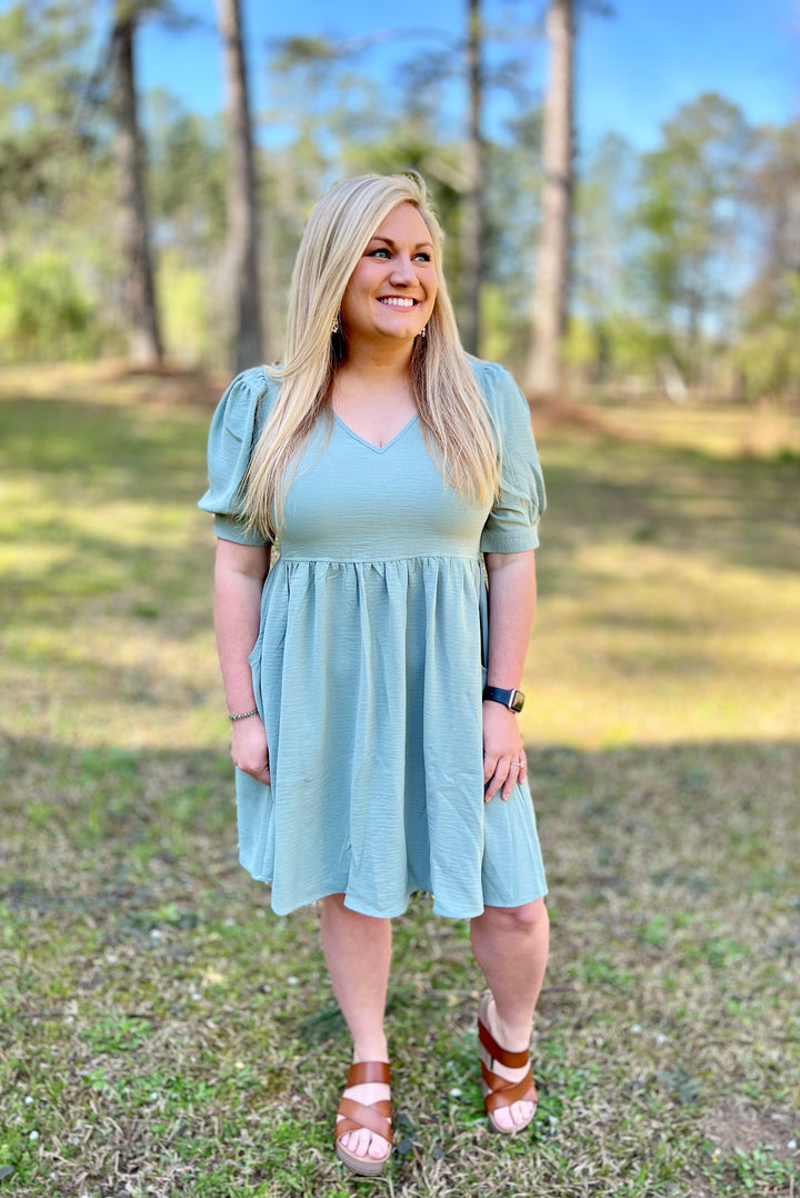 Sage Puff Sleeve Dress