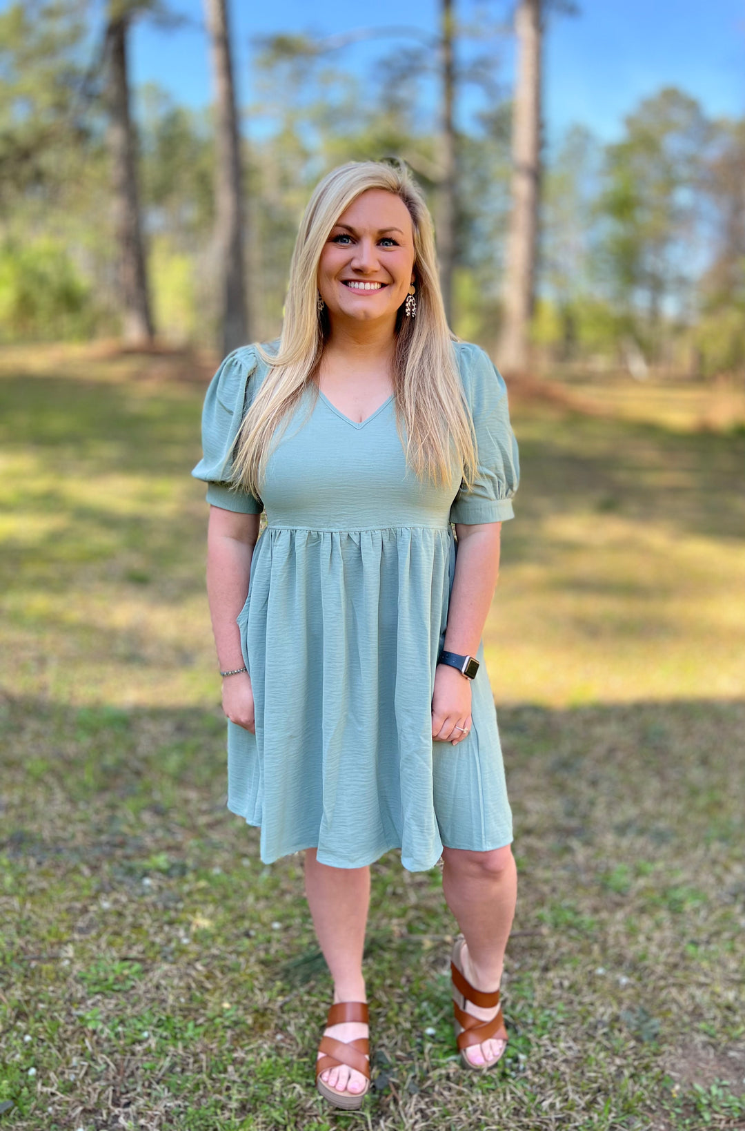 Sage Puff Sleeve Dress